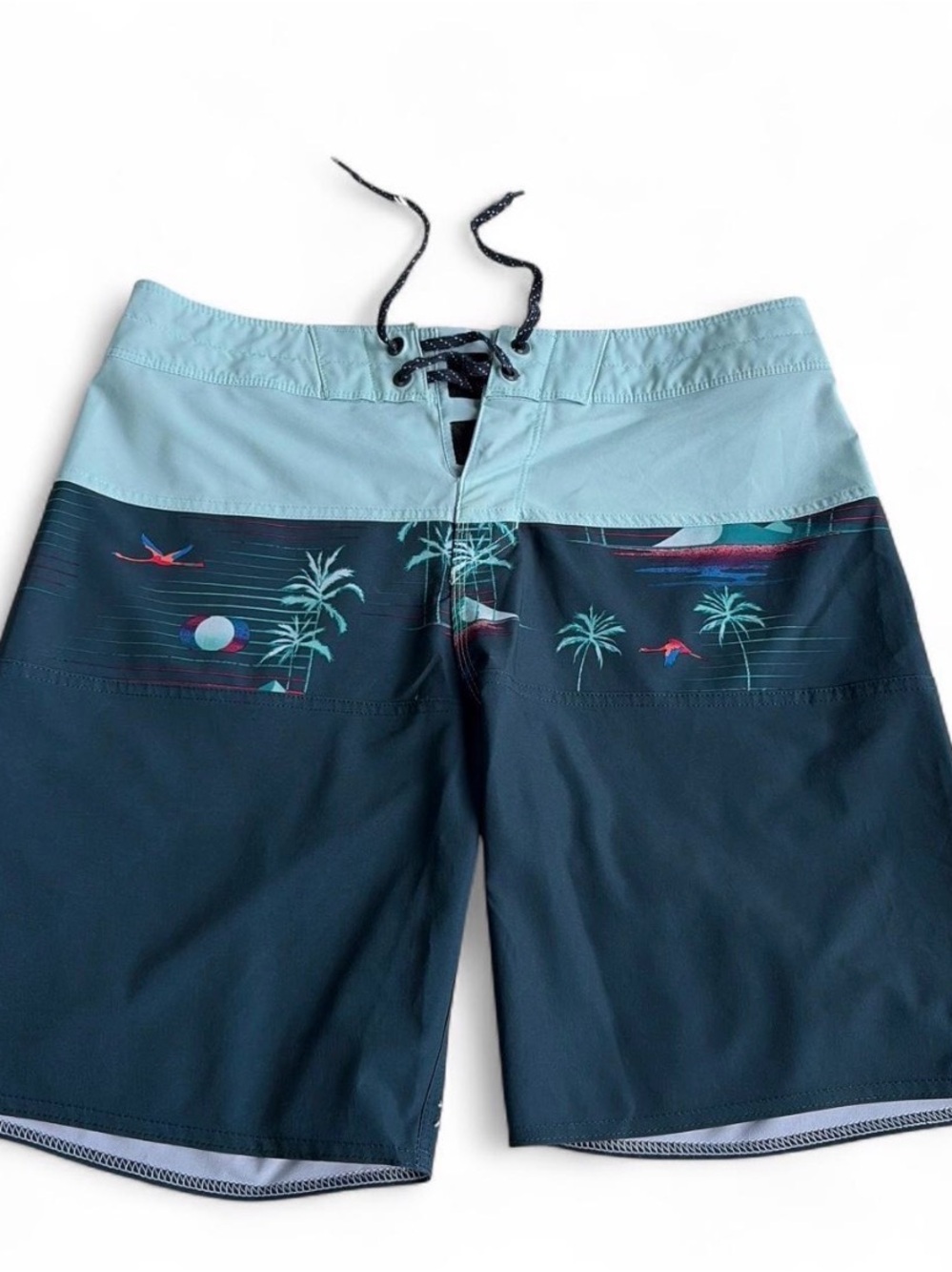 BILLABONG Men Two-Tone Teal & Navy Swim Shorts with Tropical Print Sz M/30 used